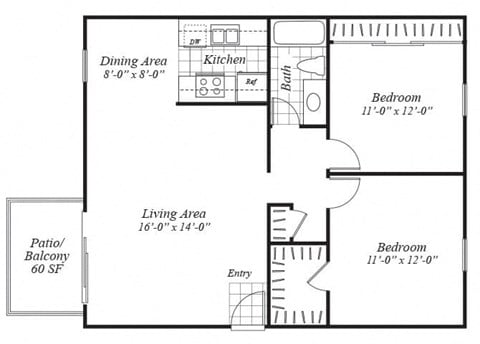 Floor plan for 2 beds, 1 bath, 800 sqft